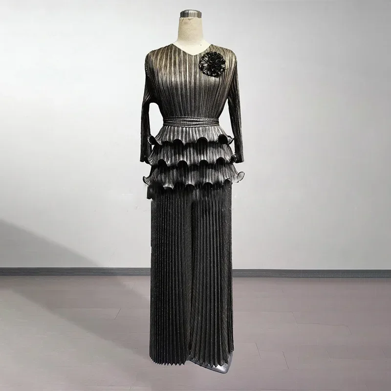 KAF 2025 primavera nuevo traje de mujer Color sólido cuello pico manga larga empalme Top cintura alta Casual pantalones de pierna ancha sueltos