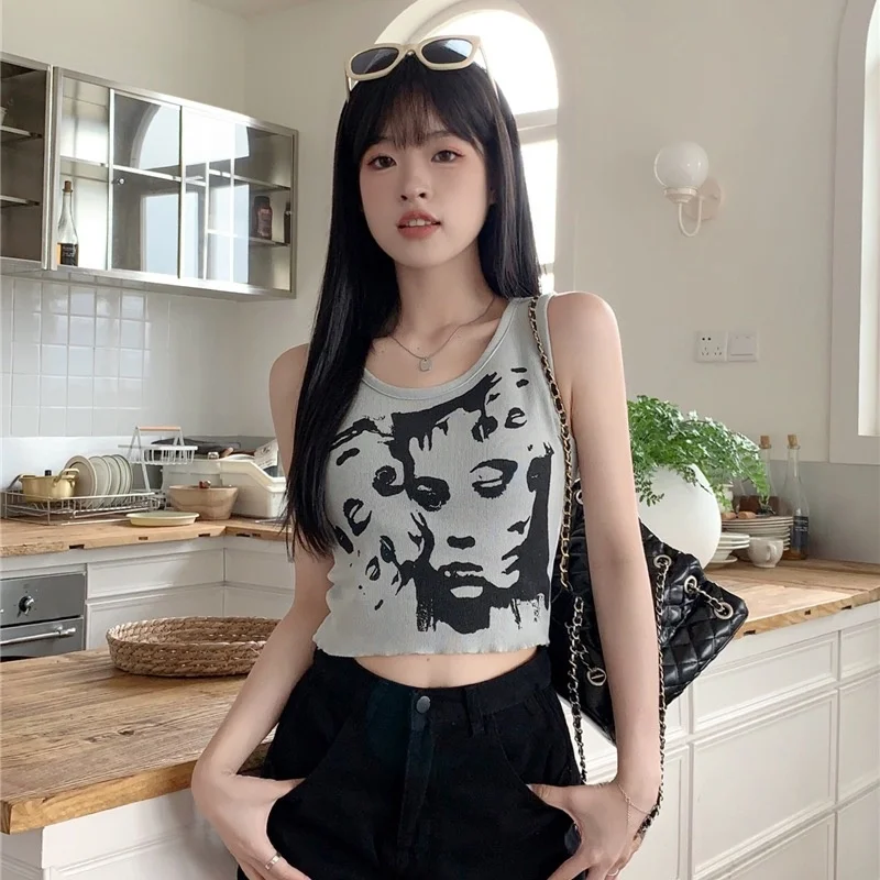

American Retro Print Sexy Girl Strap Vest Women Summer Outdoor Wear Sexy Slim Svel Sports T-irt Base Top