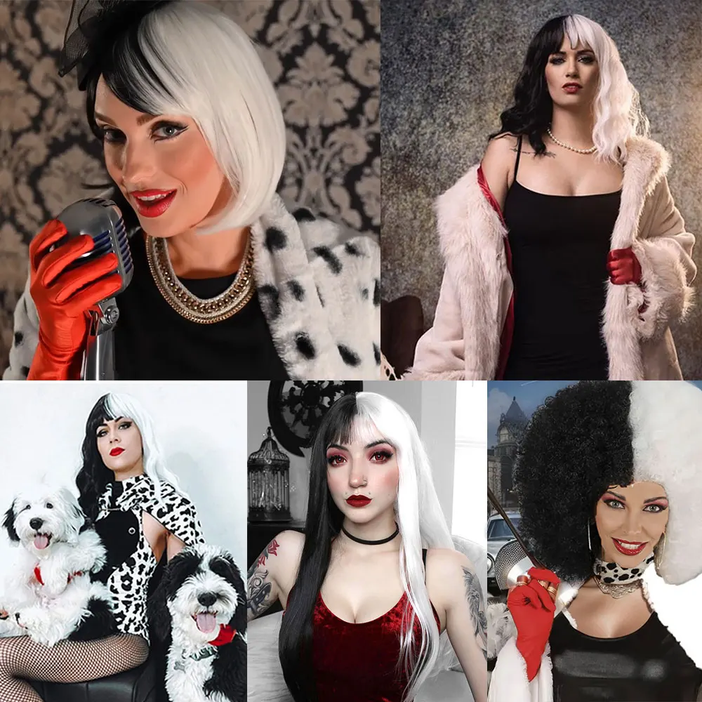 Cruella de Vil Synthetic White and Black Cosplay Wigs for Halloween Long Straight wig With Bangs/Short Curly Bob Wig/Afro Wig