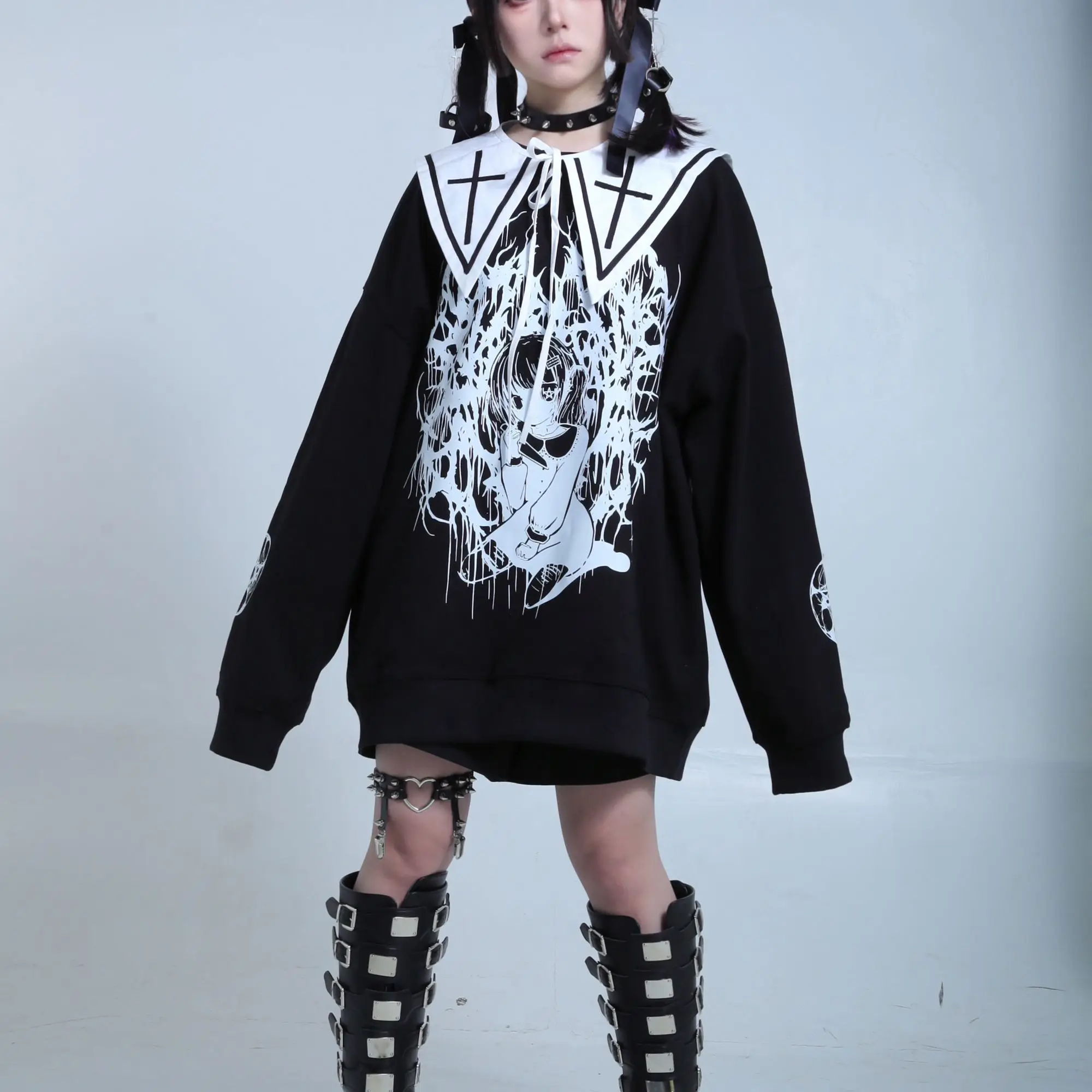 Y2K Aesthetic Autumn Cotton Long-sleeve T-shirt Women Japanese Black Cartoon Vintage Top Harajuku Punk Street Style Hoodie Girl