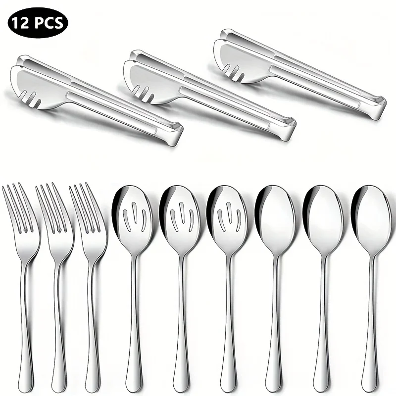 

12-Piece Stainless Steel Dinnerware Set - Durable Server Dishes, 3 Large Service Spoons, 3 Slotted Service Spoons, 3 Service