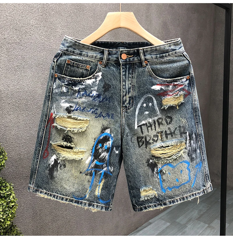

Men's Short Jeans Hip Hop Ripped Multi Color Male Denim Shorts Graphic Harajuku Vintage Knee Length Shorts Korean Fashion