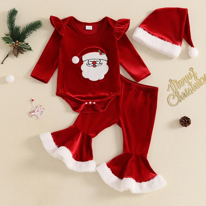 Baby Girls Christmas Outfit Infant Embroidery Santa Claus Romper with Patchwork Flare Pants Hat Newborn Clothes