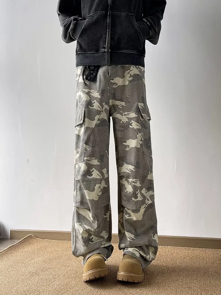 Calças largas camufladas para homens, calças longas casuais, roupas largas retas, bolsos múltiplos, moda Y2K, lavadas, nova, 2024