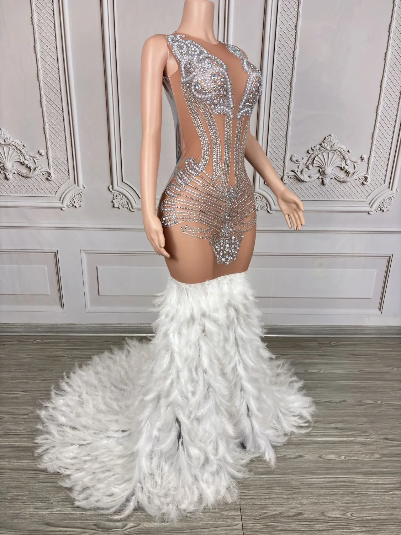 Tengyun Elegant Rhinestones Pearls Feathers Gown Women Sexy Sheer Mesh Party Celebrate Wedding Evening Dress Photo Shoot Wear