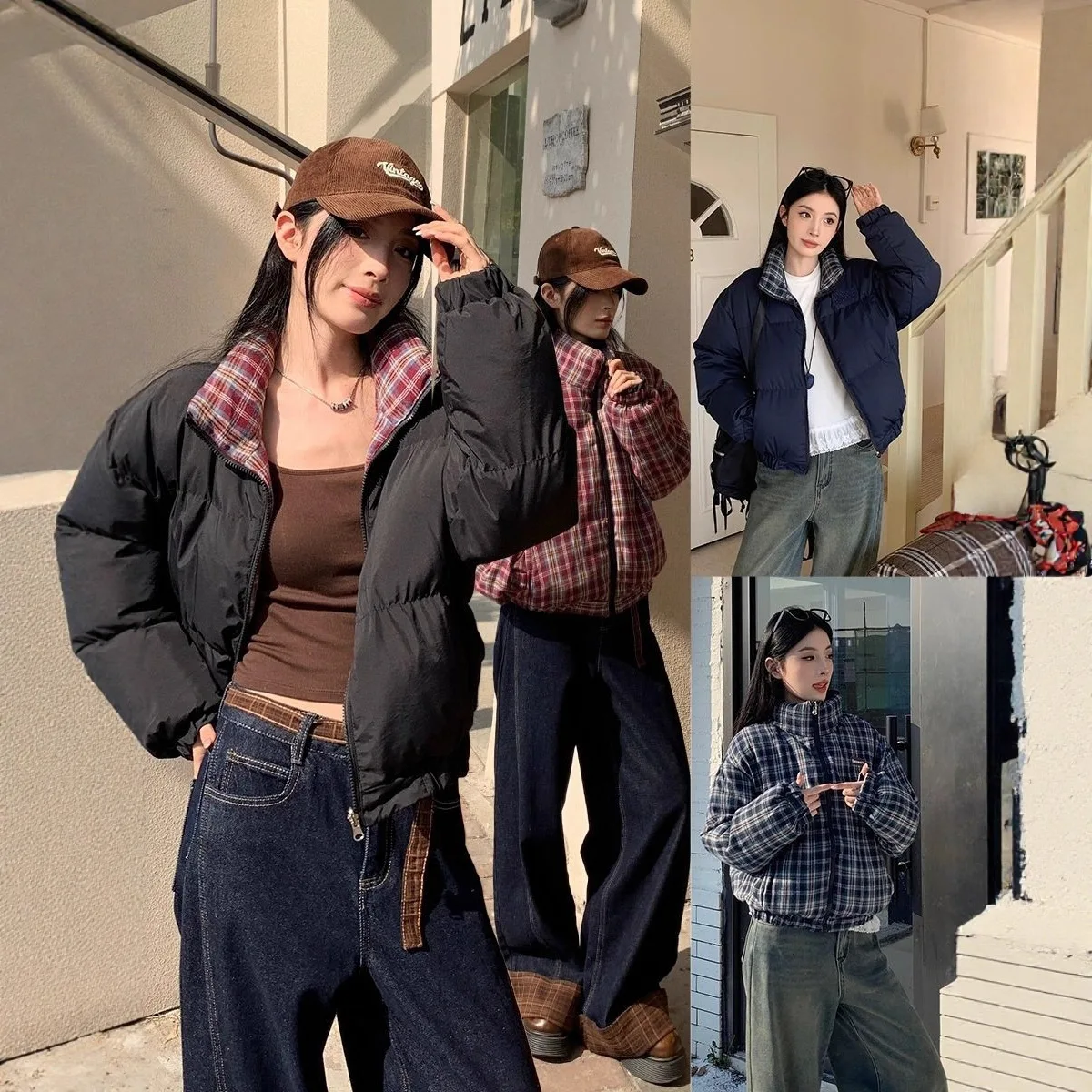 

Женское двустороннее пальто-пуховик в клетку, короткая зимняя куртка, новинка 2025, толстое теплое двустороннее пальто с воротником-стойкой ​ ​