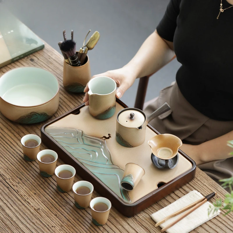 Japanese style kung fu home bubble tea ceramic teacup tea tray vintage stoneware office tea set