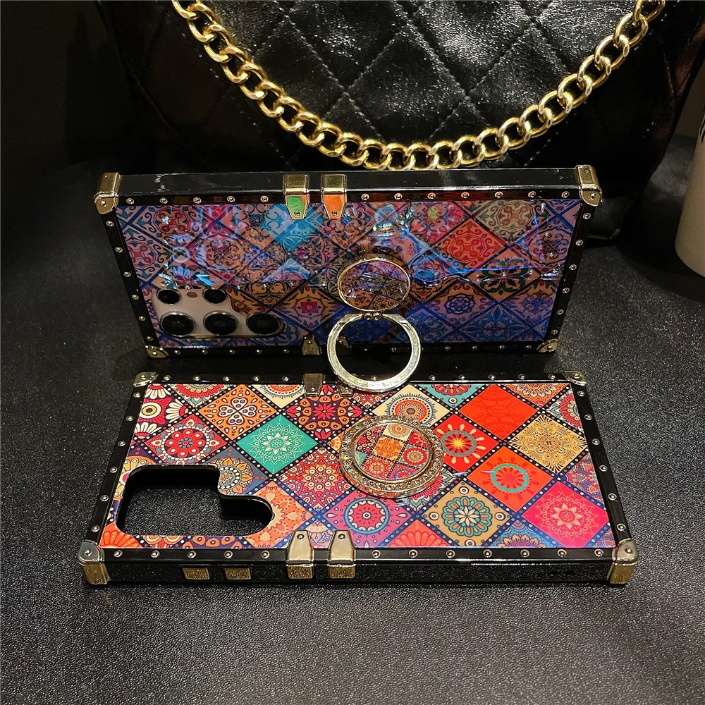 Fashion Retro Flower Pattern Plaid Cover For Samsung Galaxy 22 Plus Geometric Phone Case For Samsung Galaxy S22 Ultra