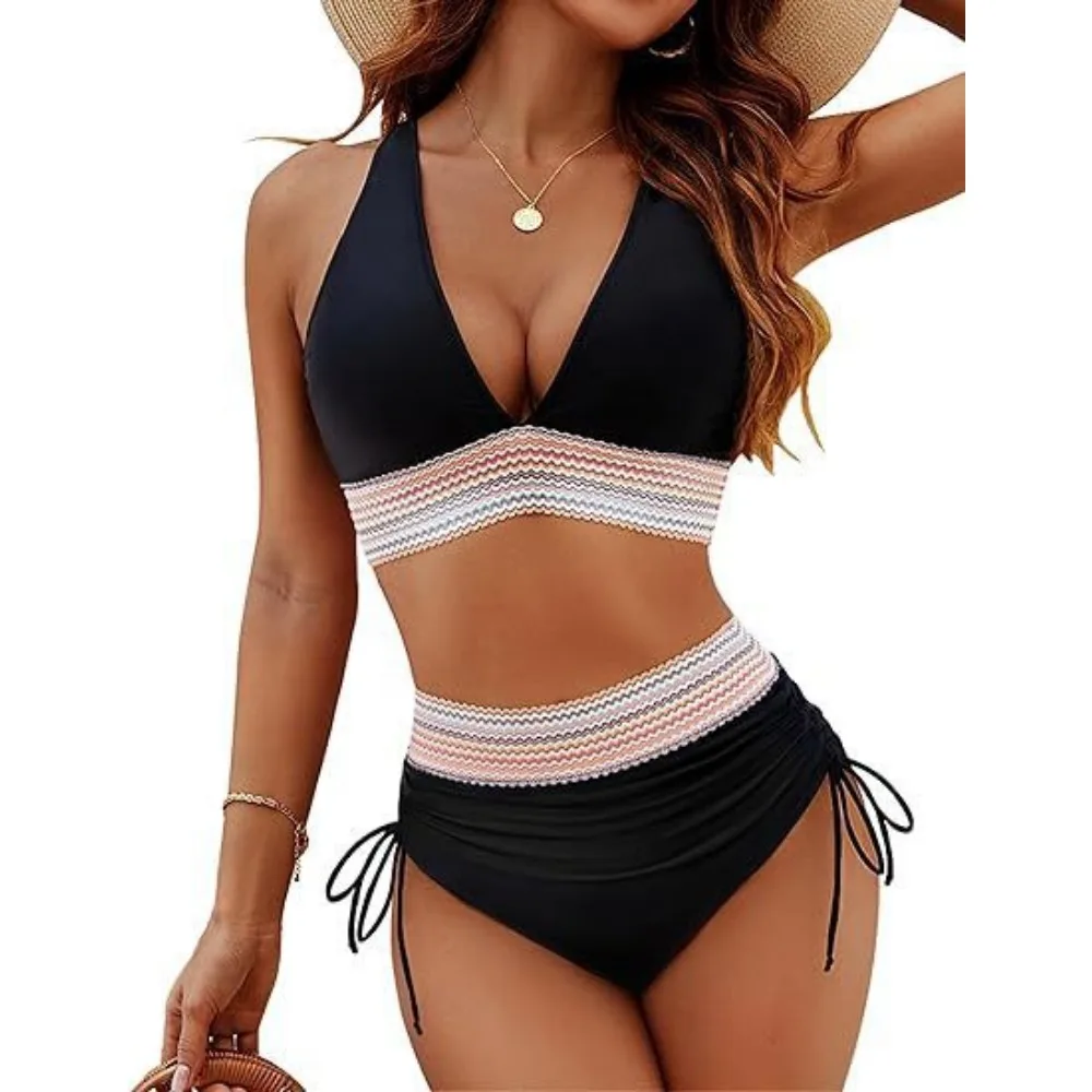 Multi Color Optional Women's Bikini High Waist Split Color Set with Drawstring Gathering and Abdominal Closure Swimsuit