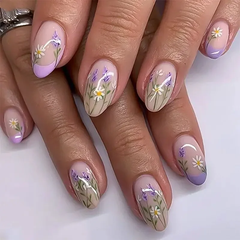 

Daisy Lavender Flowers Garden Figure Hand Painted Nail Art False Nails Detachable Finished Fake Nails Press on Nails with Glue