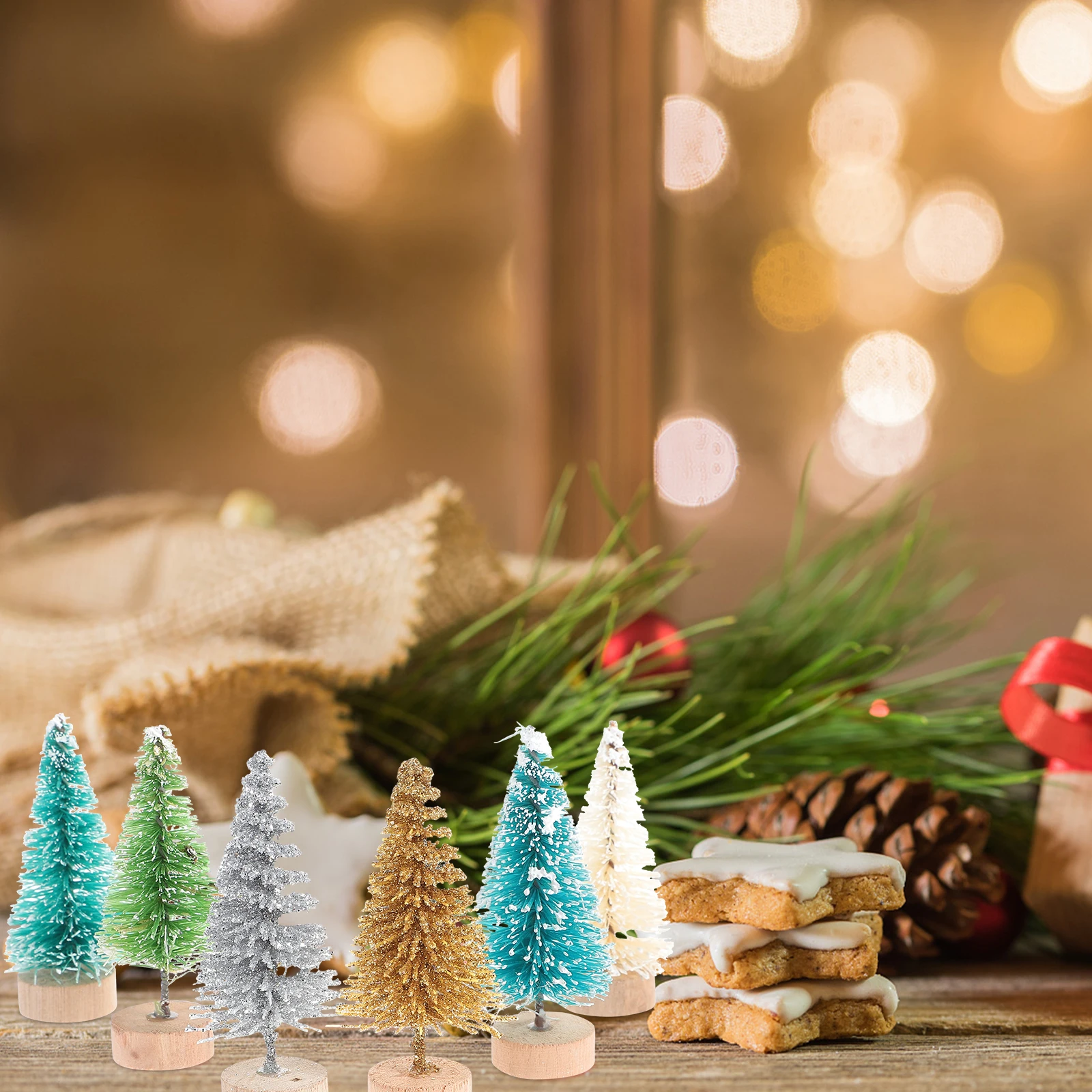 

60 Pcs Mini Christmas Trees Artificial Tiny Velvet Decor Tabletop Snow Frost Holiday Villages Wooden Base Craft Display Home