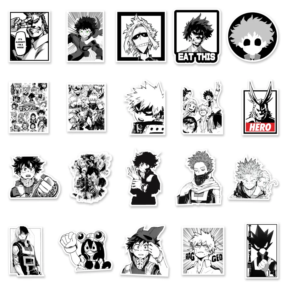 50PCS Anime Black and White My Hero Academia Graffiti Waterproof Sticker Creative Decoration Guitar Playing and Singing Helmet