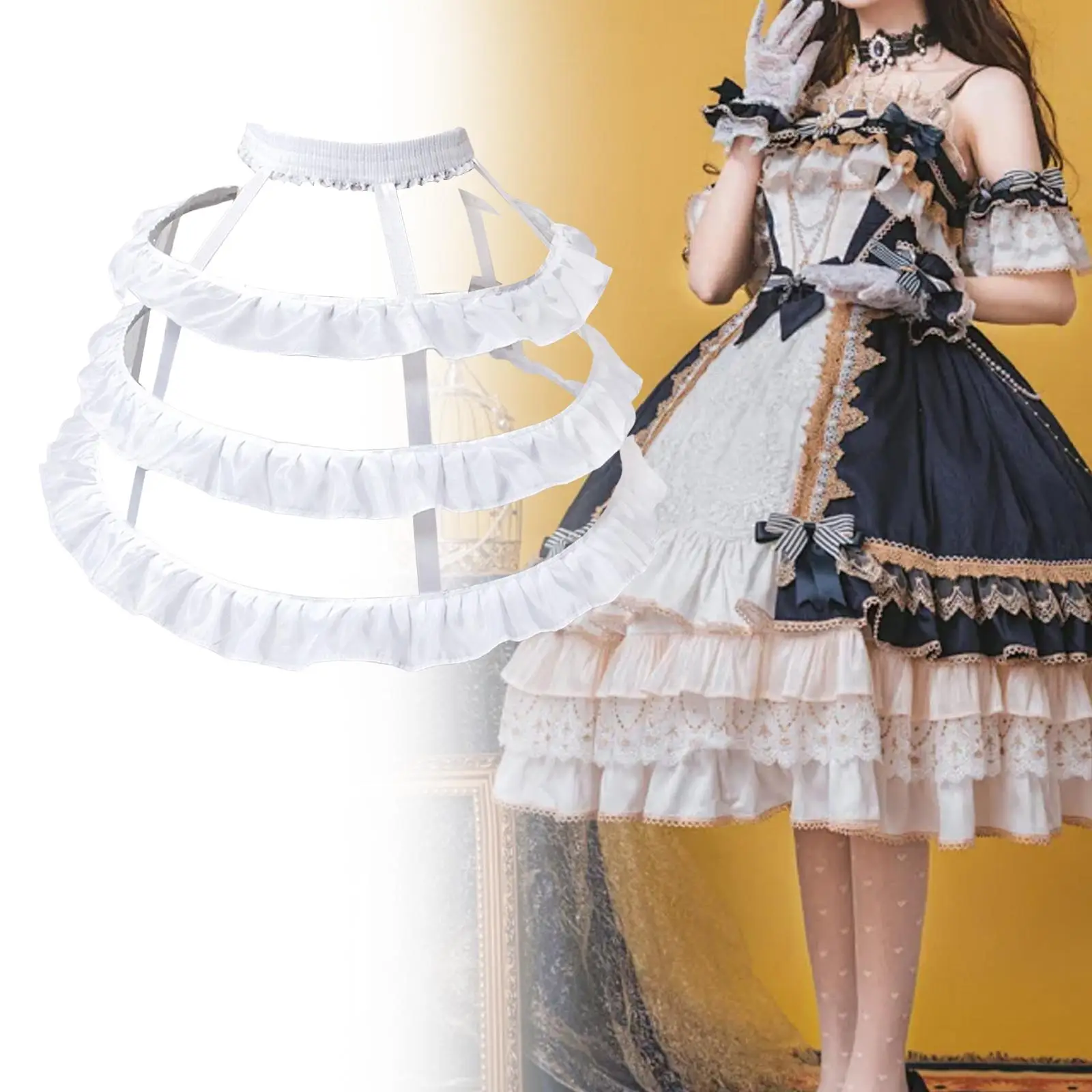 Women Hoops Pannier Petticoat Hollow Out Ruffle Design Birdcage Skirt Elastic Waist for Lolita Cosplay Party