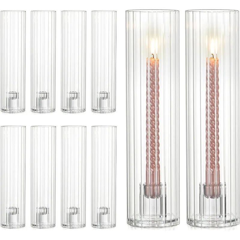 

Fluted Candle Holder Set: Bulk Hurricane Taper Candlestick Holders with Ribbed Glass Cylinder Sleeve - 10 PCS Tapered Can