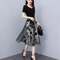 2024 New Summer Fashion Elegant Slim Fit Chiffon Floral V-neck Patchwork Bandage Knee Length Skirt for Women's Mid Length Dress