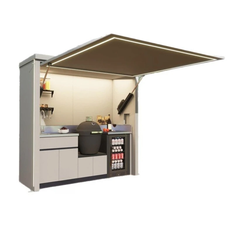 Garden open-air kitchen with lighting shading, hood storage, courtyard party catering equipment