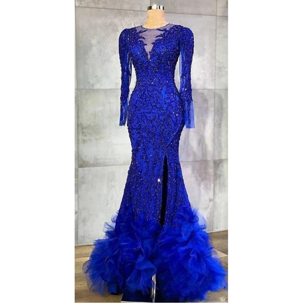 Elegant Royal Blue Evening Dresses For Women 2023 High Split Sequined Prom Formal Occasion Party Gowns Mermaid Vestido De Fiesta