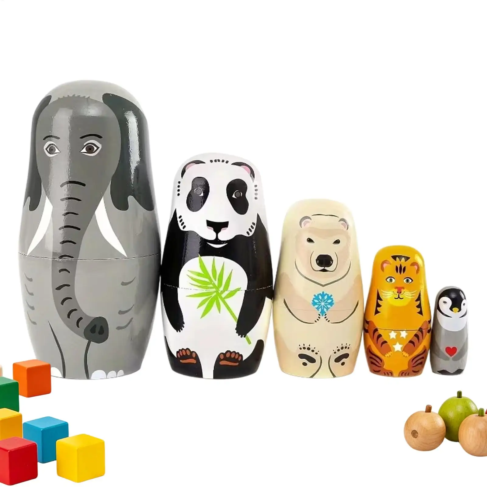 Russian Nesting Dolls 5 Piece Handmade Wooden Stacking Toy Elephant Panda Theme Gift for Adults Kids Bedroom Table Shelf