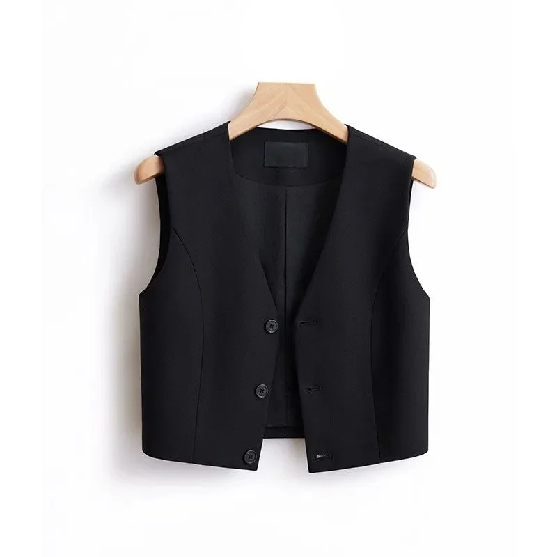 Women Fashion Leisure V-neck Lined Waistcoat Korean Female Short Suit Sleeveless Spring Autumn Lady Solid Color Blazer Vest Tops