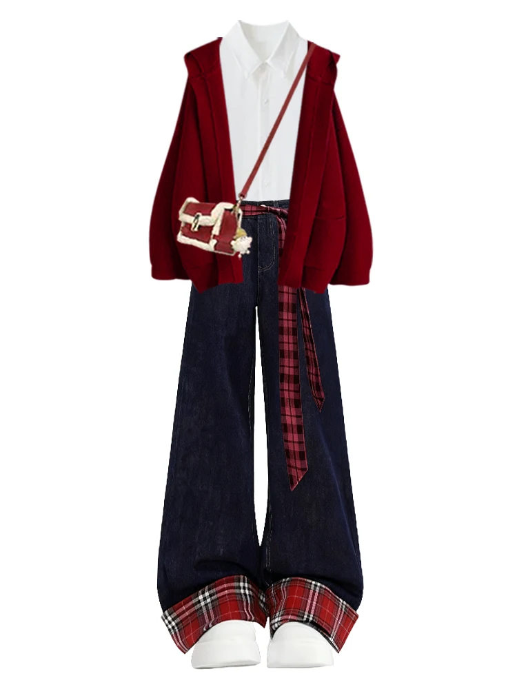 Cardigan con cappuccio lavorato a maglia rosso Set di jeans a gamba larga scozzese Design invernale da donna Bellissimo set da studente abbinato