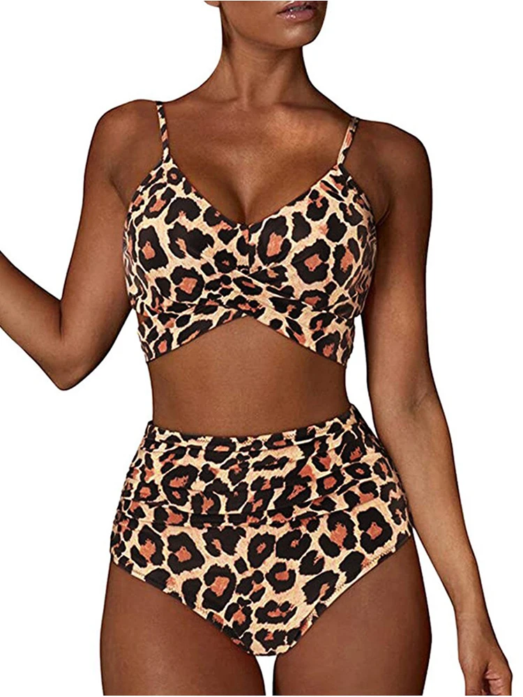 Traje de baño de cintura alta para mujer, traje de baño Sexy de leopardo con vendaje cruzado, conjunto de Bikini femenino, traje de baño de talla grande 2024