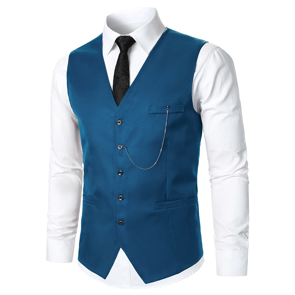 Men Suit Vest Coat Solid Color Metal Chain Decoration Classic Design Leisure Business Fashion Slim Fit Men Suit