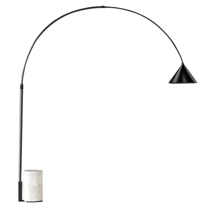 

Standing lamp designer coffee table, parabolic marble fishing lamp in the model room of the sales office next to the sofa