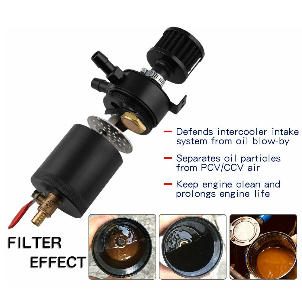 150ml Universal Aluminum Racing Engine Breather 2-Port Car Baffled Oil Catch Tank Can with Drain Valve Filter