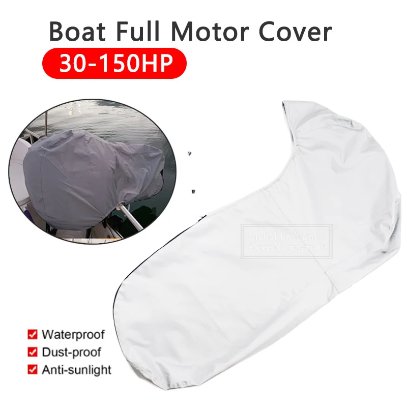 30-150HP Full Outboard Engine Cover 420D Waterproof Heavy Duty Engine Motor Covers Sunshade Anti-scratch Silver Boat Protector