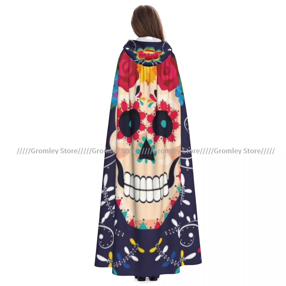 Medieval Halloween Cosplay Cloak Hooded Coat Skull Flowers Mexican Illustration Cape Coat Long Trench Costume Wizard Cloak