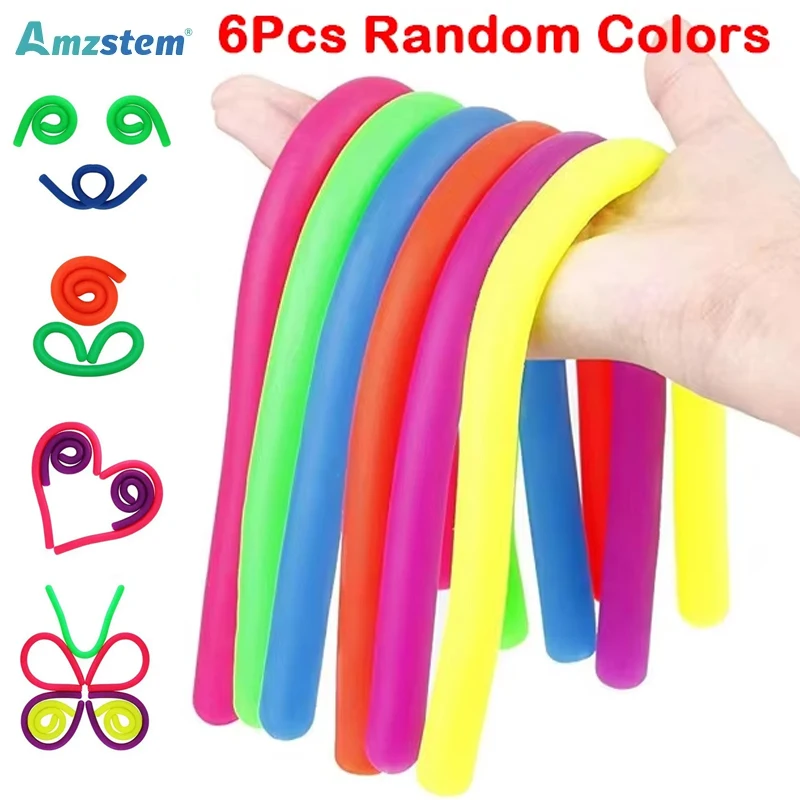 6Pcs Funny Noodle Pack Stretchy String Fidget Toys for Kids Adults ADHD Autism Autistic Sensory Toys to Relieve Stress Gifts