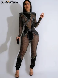 Kricesseen Sparkle Long Sleeve Black Rhinestones Mesh Skinny Crystal Jumpsuits Glam Hollow Out Fitted Diamonds Rompers Clubwear