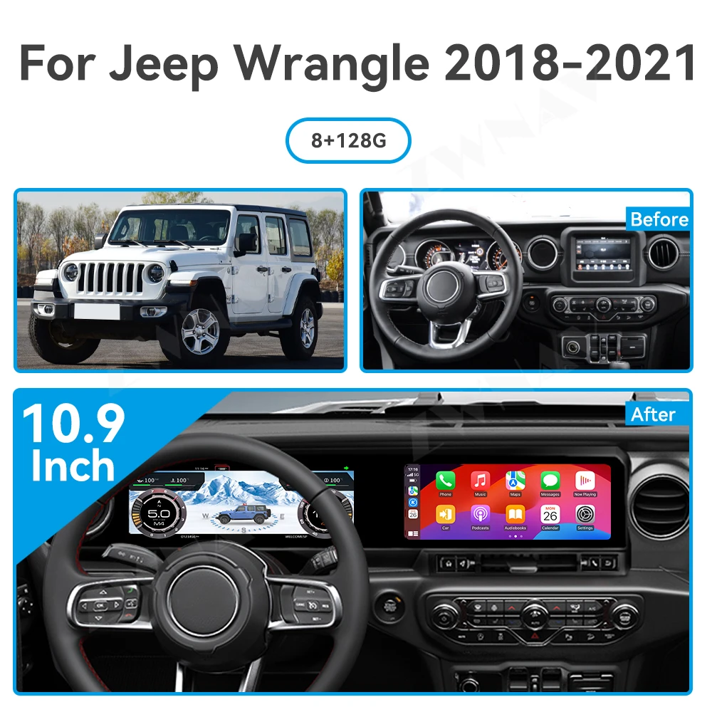 

Автомобильный радиоприемник для Jeep Wrangle 2018-2021, Android 13, длинный экран 12,3 дюйма, Carplay с навигационным устройством, беспроводной GPS-мультимедийный плеер
