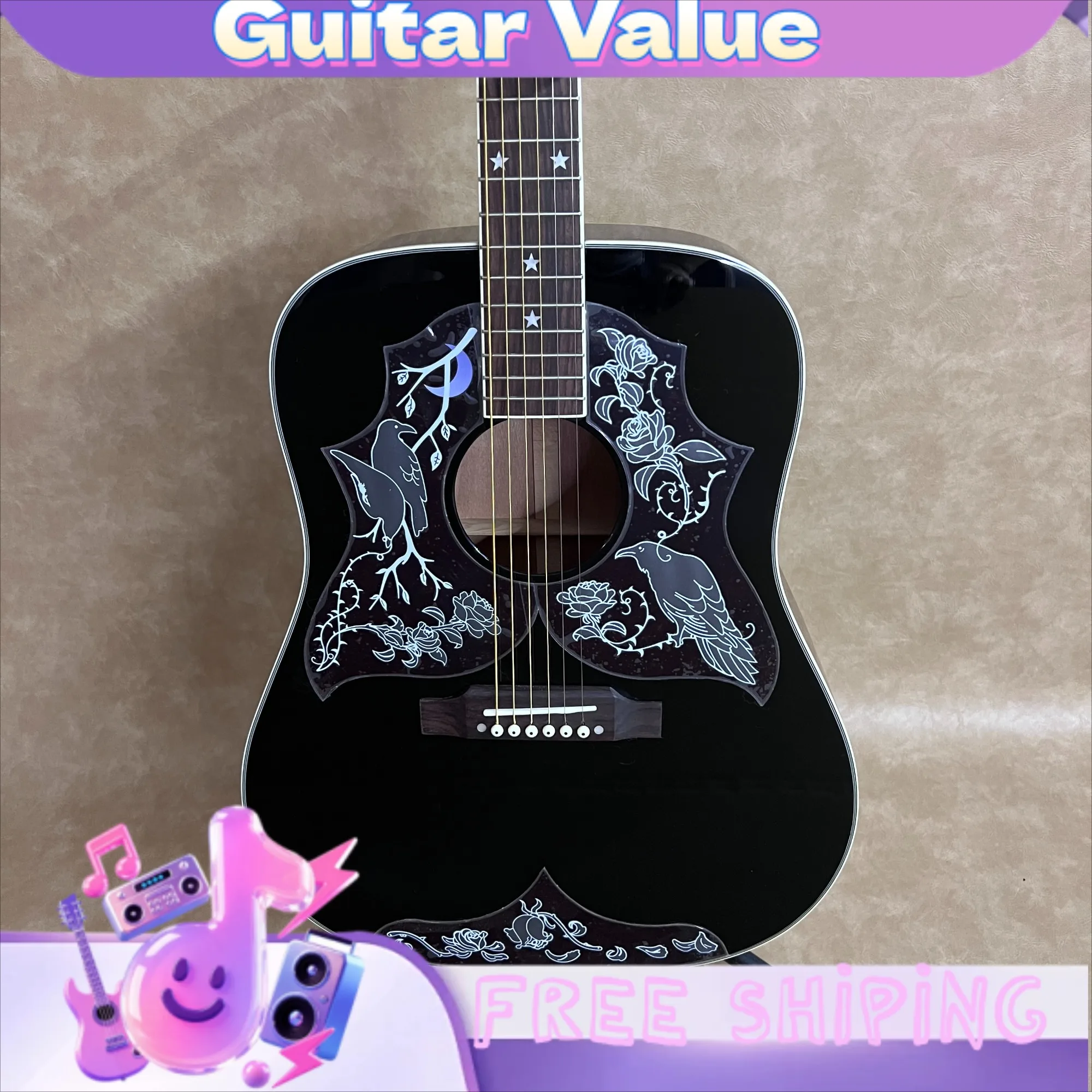 Acoustic Guitar Black Crow Double Pickguard with Bird-Shaped Design Picea Asperata Body Pickup Installation