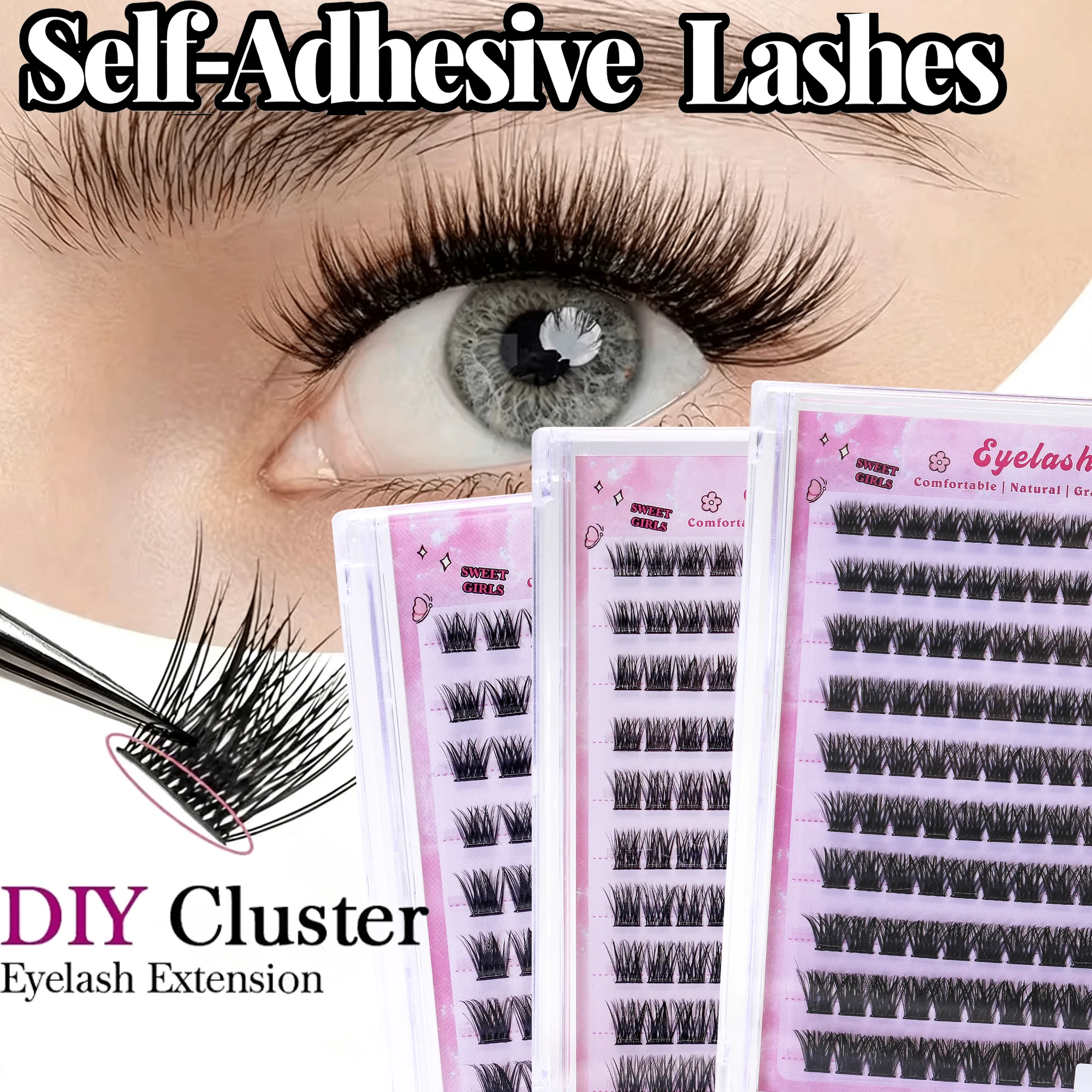 Cílios postiços autoadesivos de estilo denso, grupos de cílios enrolados, sem necessidade de cola, extensão de 8-13mm para um visual natural de maquiagem dos olhos