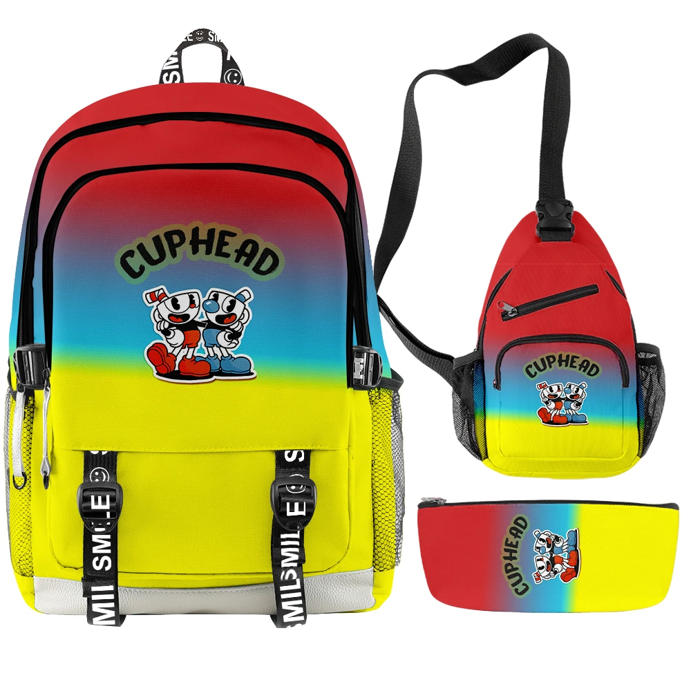 Hip Hop Popular Funny Anime Cuphead 3D Print 3pcs/Set Student School Bags multifunction Travel Backpack Chest Bag Pencil Case