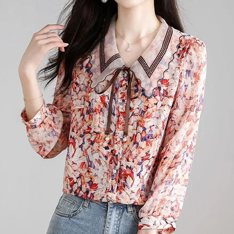 Elegant Floral Loose Blouse Spring Summer New Lacing Patchwork Printing Fashion Shirt Tops Temperament Office Women Clothing