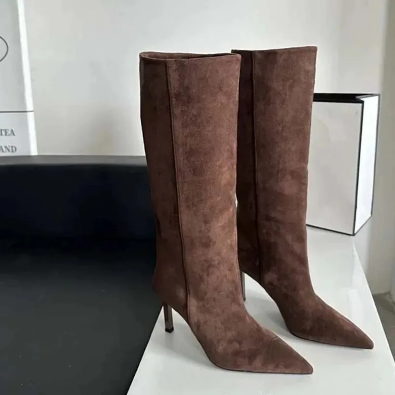 Luxury Women Long Boots Fashion Suede Slouch Boots French Style Pointed Tip High Heel Boots for Woman Designer Shoes Botas Mujer