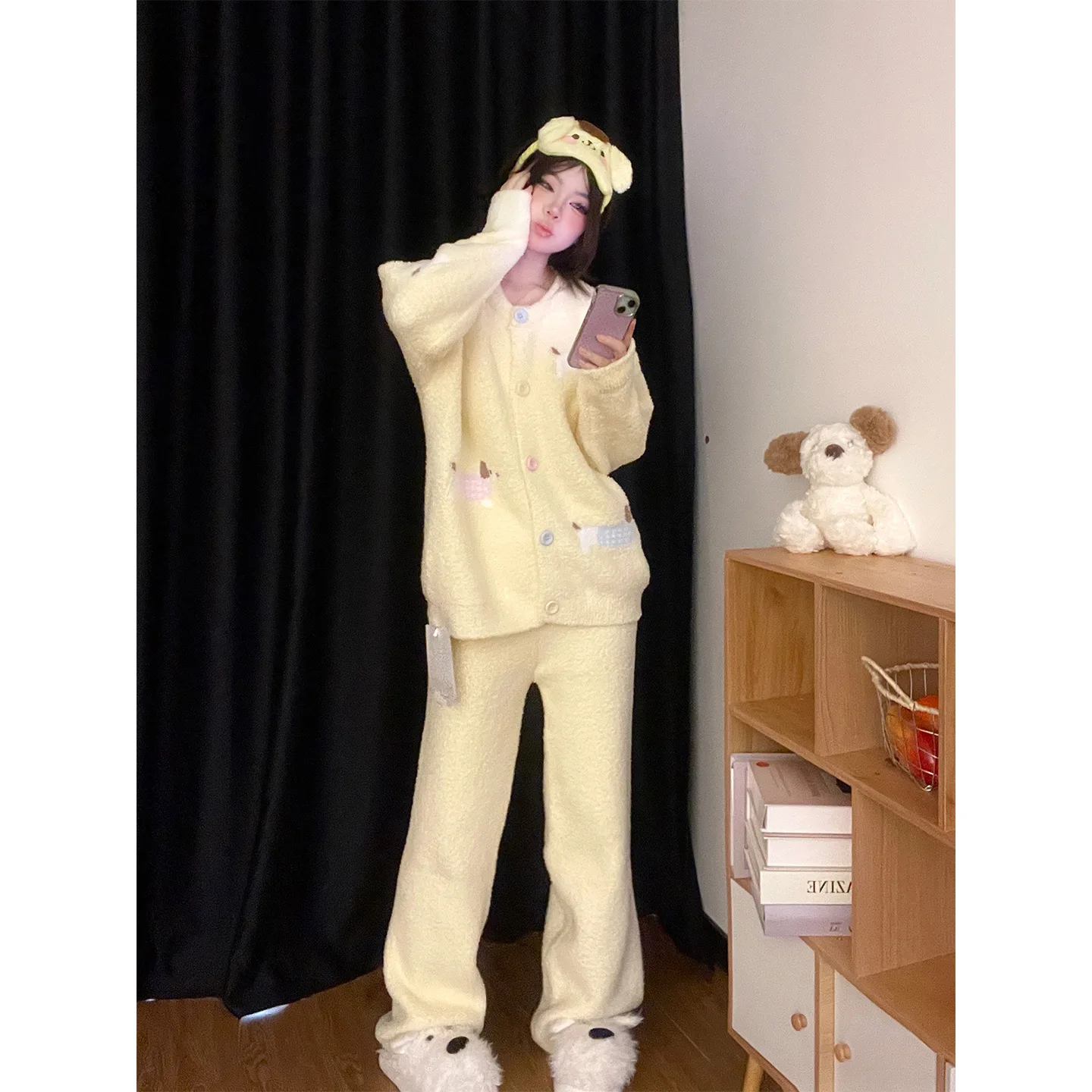 المرجان الصوف ملابس خاصة النساء شتاء دافئ أصفر سترة السراويل ملابس المنزل المرأة طالب الحلو المتسكعون منامة مجموعة