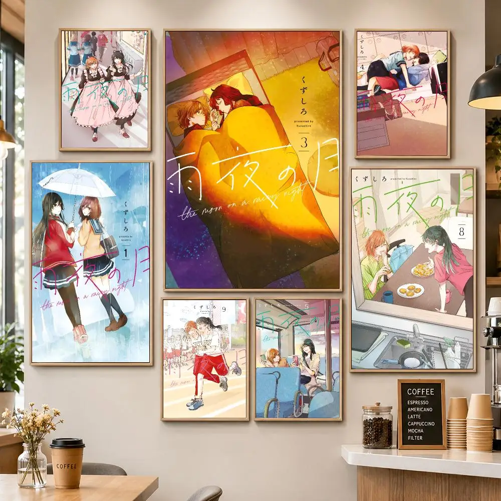 Manga Moon On Rainy Night Yuri Romance Poster PP Decorative Poster Water-Resistant Print Apartment Dorm Office Cafe Gift