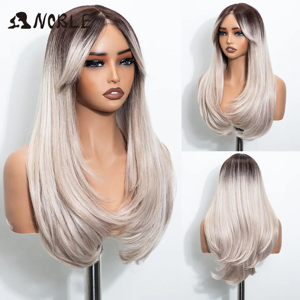 NOBLE 24 Inch 6x4 Lace Front Synthetic Wig Ash Grey Blonde Highlight Layered Straight Wig Heat Resistant Lace Wigs For Women