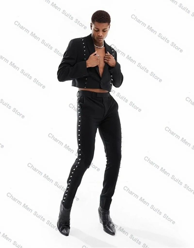 Black Men Suits Set 2 Piece Short Blazer+Pant Trousers Crystals Customized Groom Wedding Tuxedo Formal Office Prom Jacket