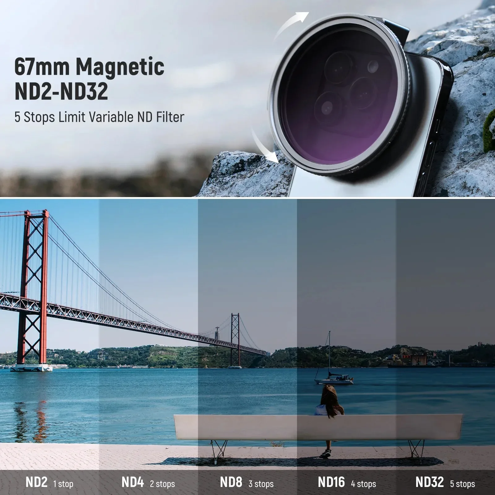 High definition variable ND filter NEEWER Clip 67mm ND2-32 Magnetic Phone Lens Filter Kit for 15 Pro Max 14 13 S22 S23 Ultra