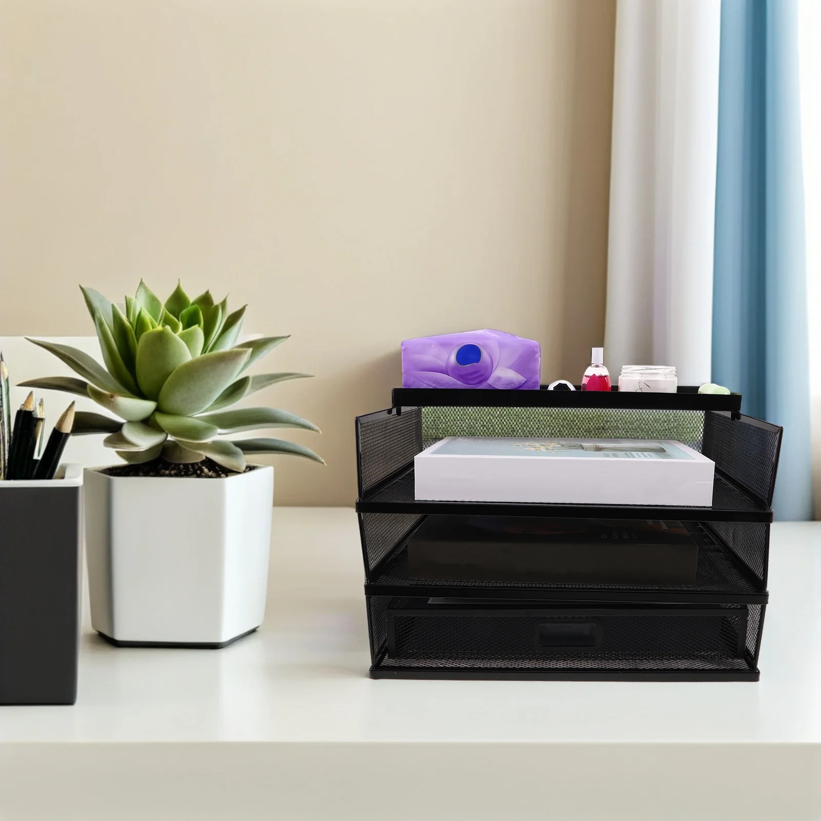

Metal Desktop File Organizer Rack 3-Layer Drawers Office Desk Accessories Storage Document Holder Home Workspace