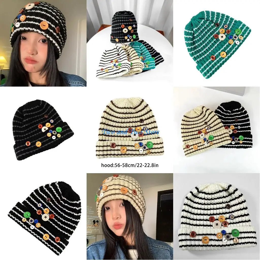 

HX6F Cuffed Beanie Casual Wear Women Unisex Beanie Striped Hat Slouchy Beanie