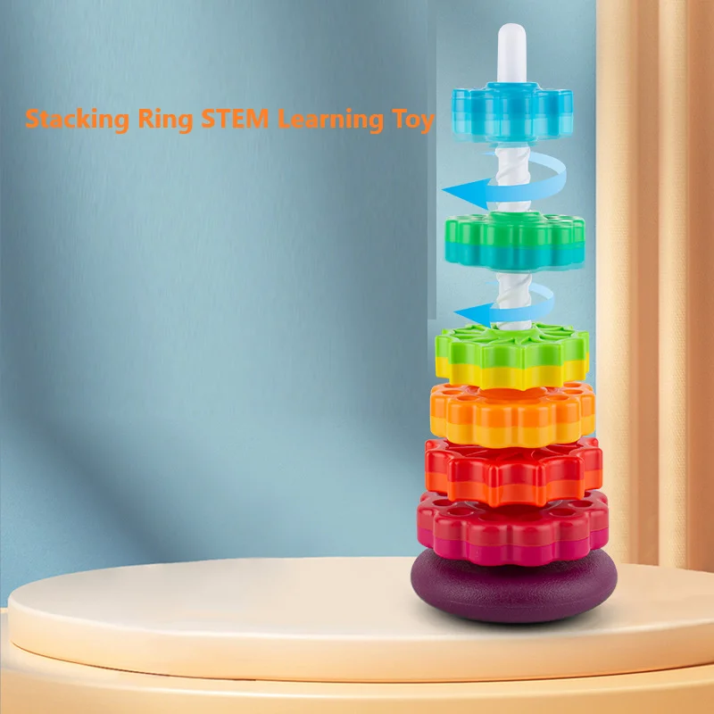 Infant and toddler cognitive rainbow rotating tower kid's early education geometry rotating ring spinning tower stacking toy