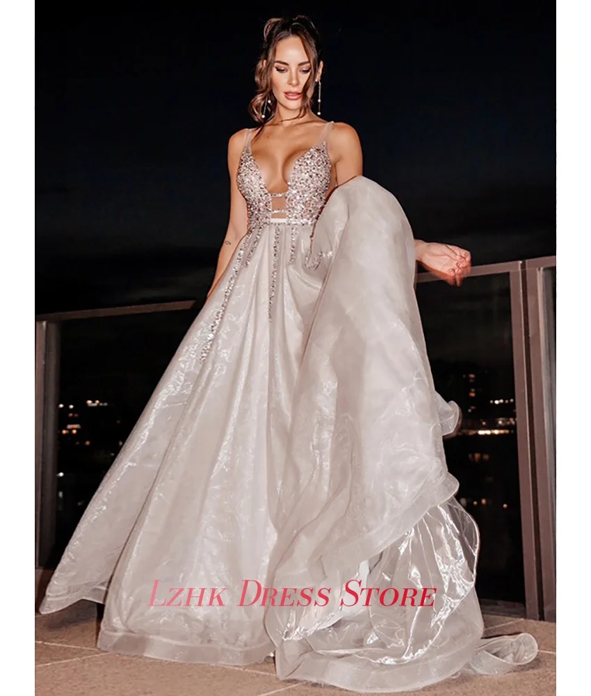 Robe de soirée de luxe personnalisée, paillettes, cristal, bretelles Spaghetti, ligne a, Organza, haute qualité, sans manches, robes d'occasion spéciale