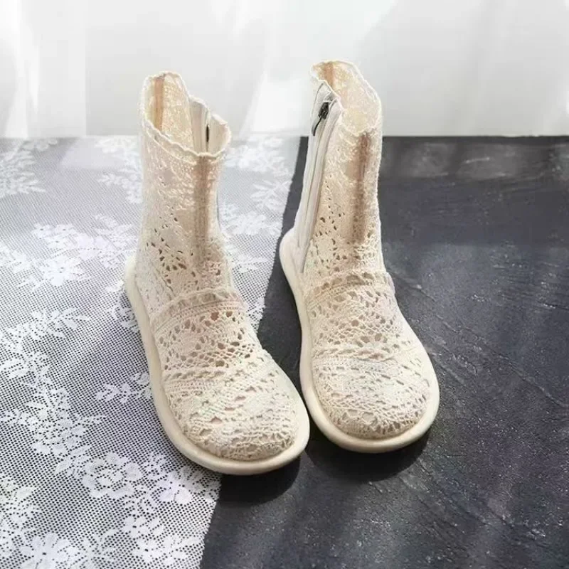 Imagen 4: 2025 zapatos de verano de malla transpirable, botas planas hechas a mano para mujer, botas blancas de marca de sastrería a la moda