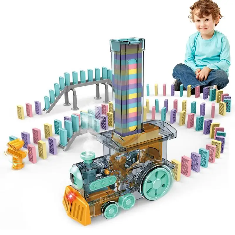 Treno dominó portátil trem elétrico dominó brinquedo criativo máquina dominó com luzes e som criança haste brinquedos diversão jardim de infância