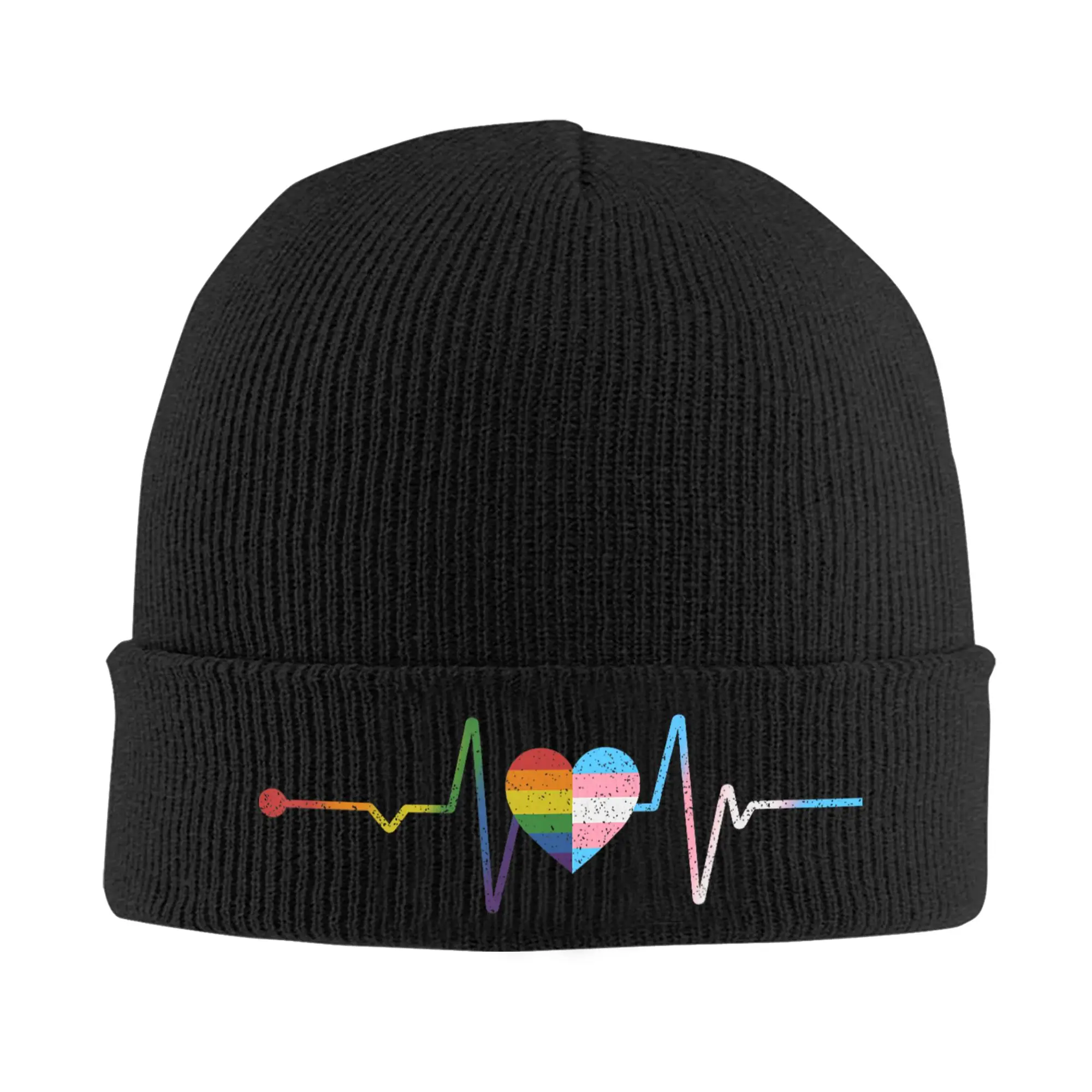 Heartbeat with Rainbow  Transgender Flag LGBT Knit Hat  Beanie Hats Kpop Warm Unisex Bonnet Hats Autumn Winter Caps Gift Idea